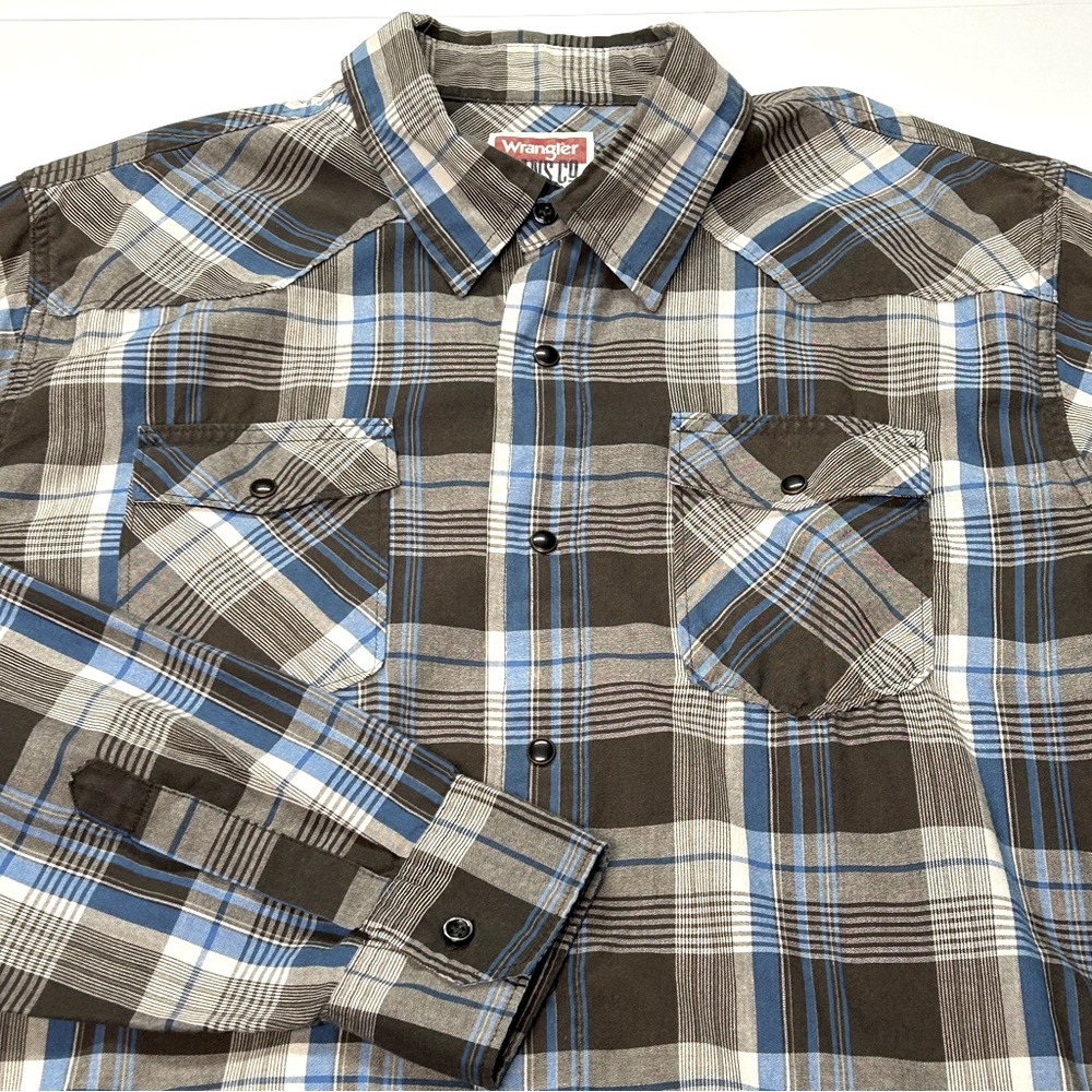 Wrangler Mens‎ Plaid Snap Up Shirt XL Long Sleeve Pockets Blue Gray Western